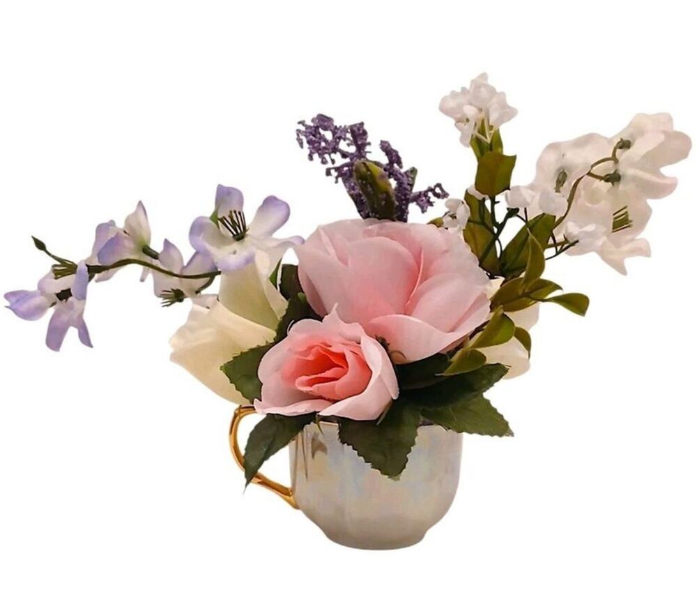 Tea Party Floral Arrangement‎ Pink White Roses POP-IN Bridal Vanity Elegant Gift